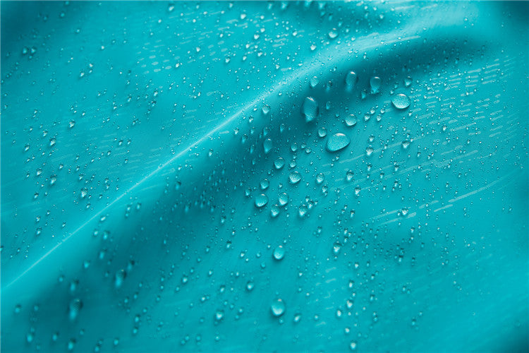 Hooded sun protection jacket, turquoise blue fabric with water droplets