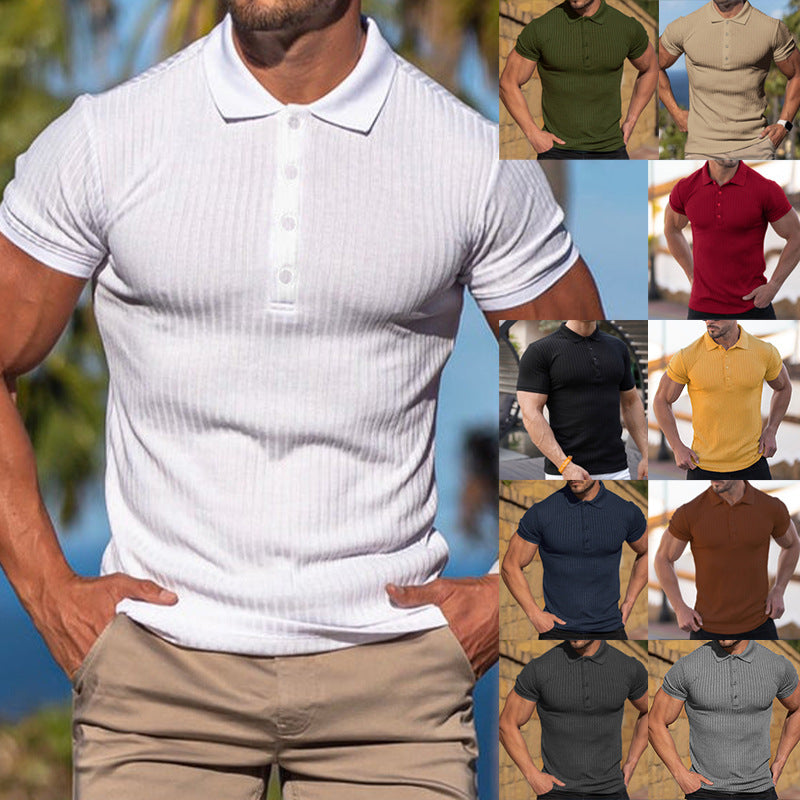 Men's vertical ribbed stretch polo shirt in white, short sleeves, button placket, collared neck