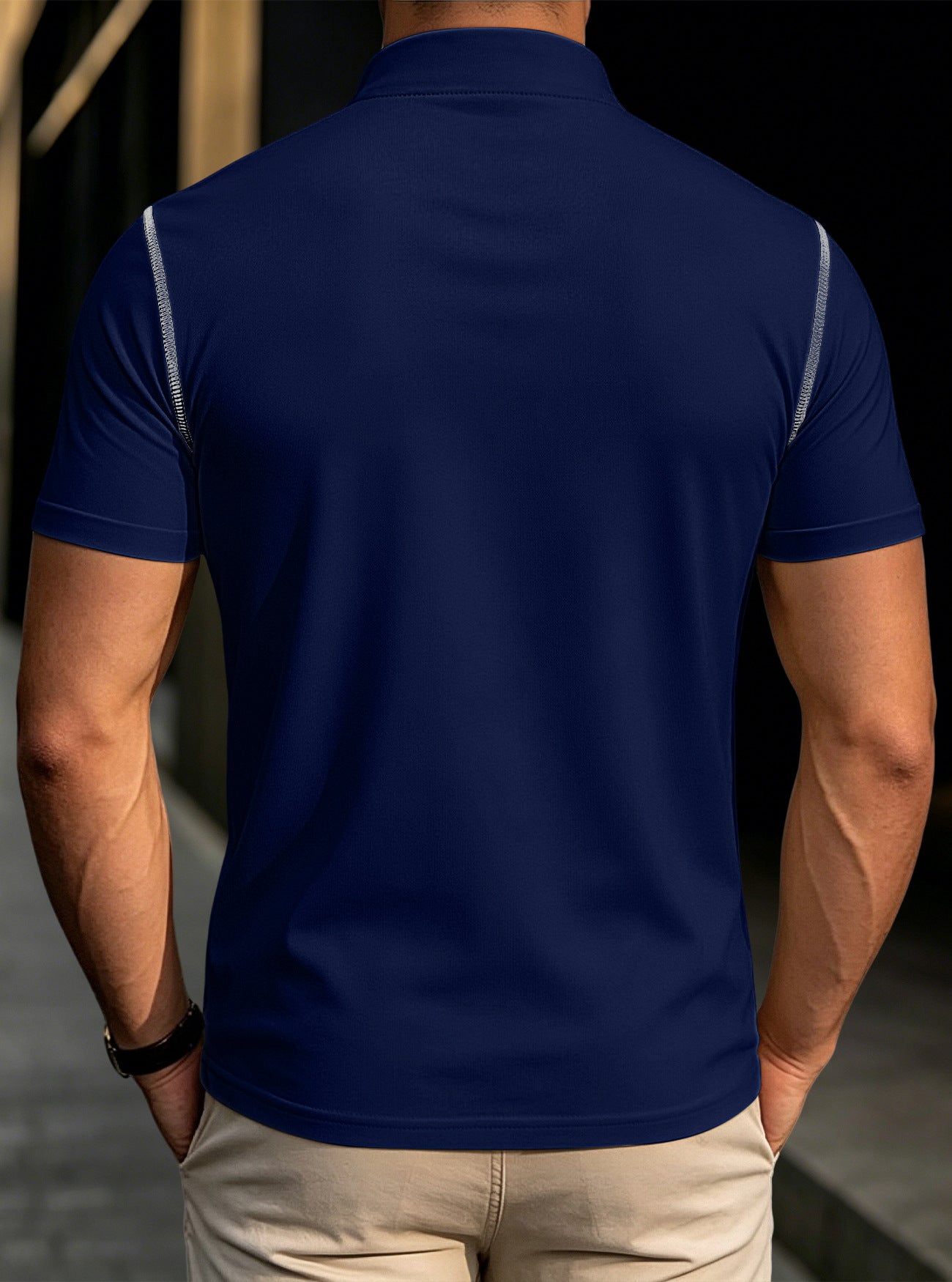 Men's stand collar henley polo shirt, navy blue, short sleeves, back view