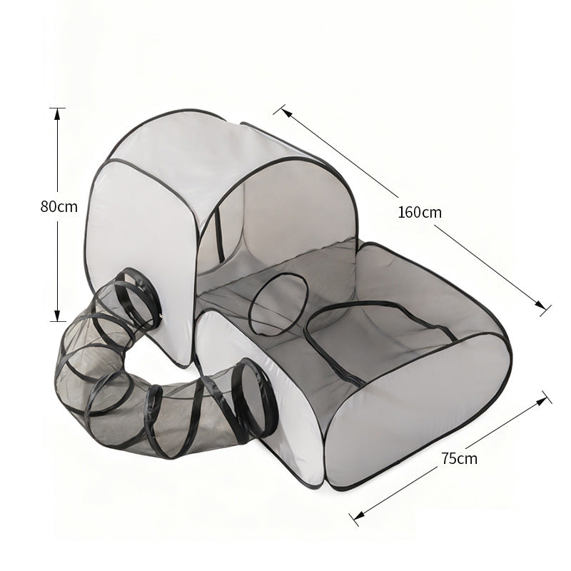 Gray foldable pet playpen with tunnel—size diagram (80cm/160cm/75cm).