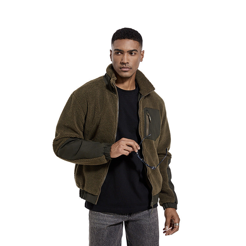 Men's color block sherpa fleece zip jacket in olive, stand collar and chest pocket