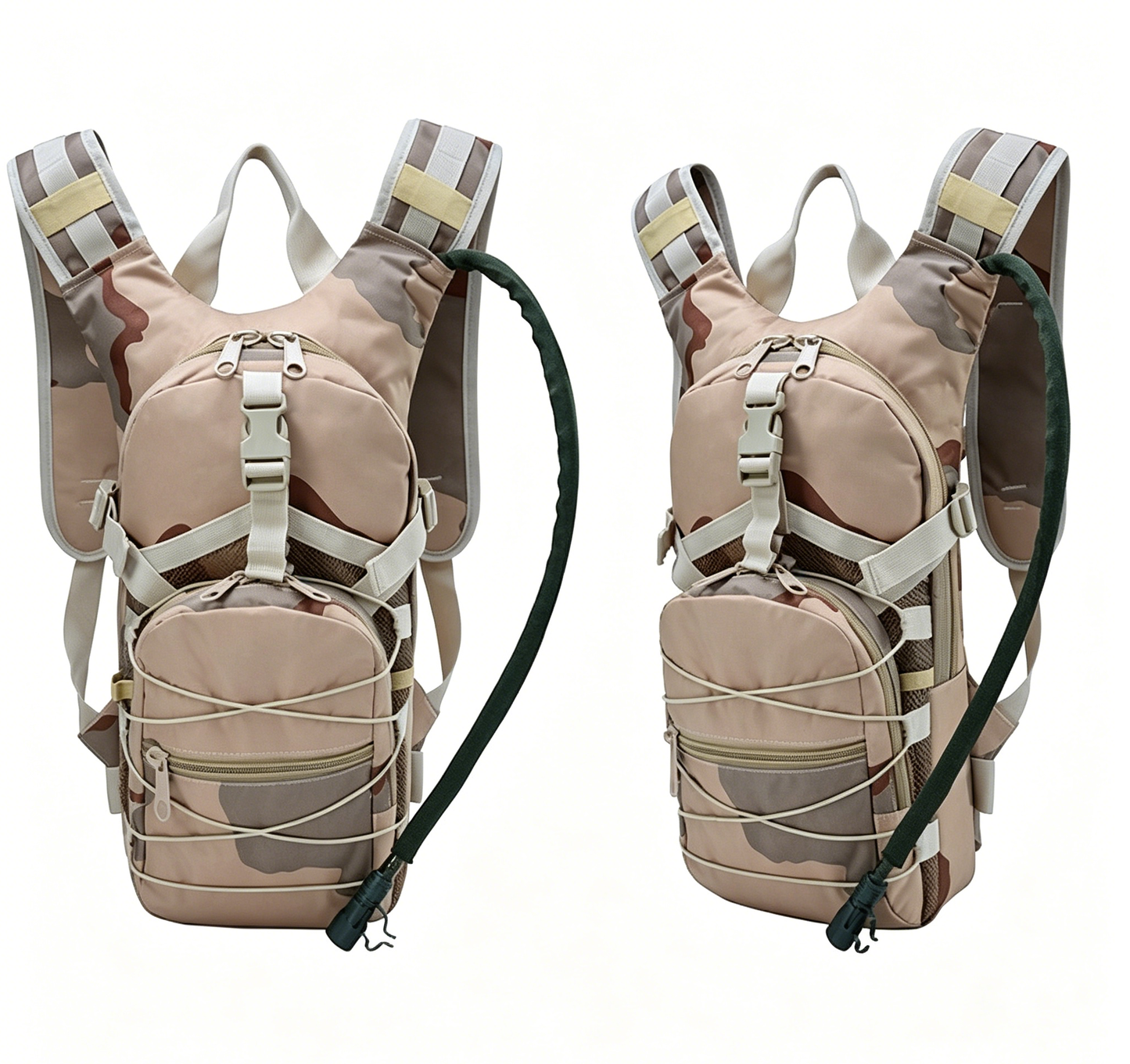 Tan camouflage hydration backpack with front zip pouches and adjustable harness straps