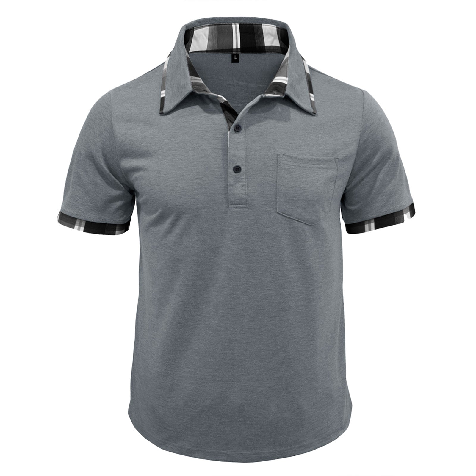 Gray short-sleeve polo with plaid collar trim and chest pocket, button placket