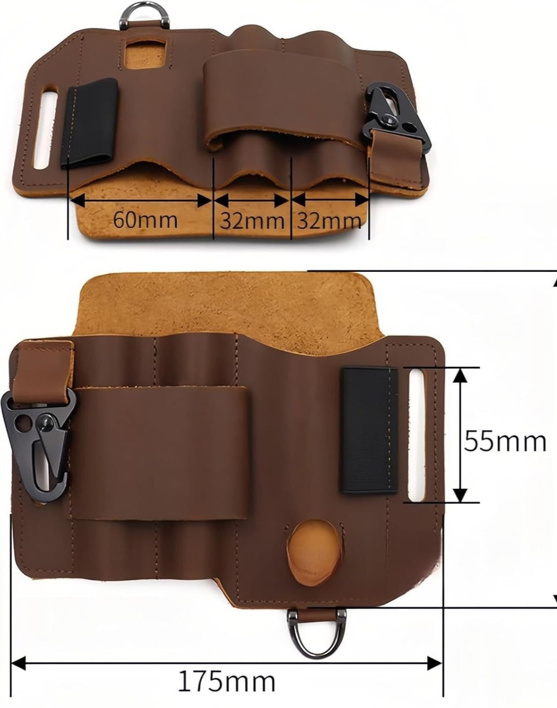 Brown genuine leather tool waist pouch with belt loop, shown with size measurements