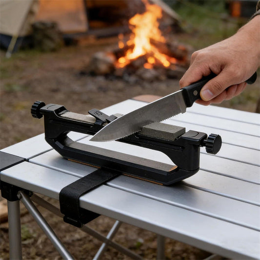 Knife sharpener clamped to outdoor work surface with blade being sharpened