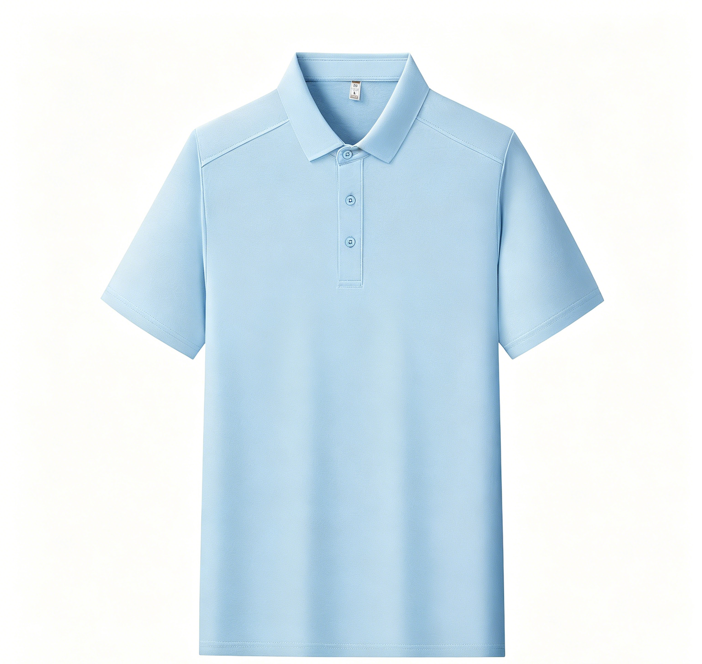Men's polo shirt, short sleeves, light blue with button placket and folded collar.