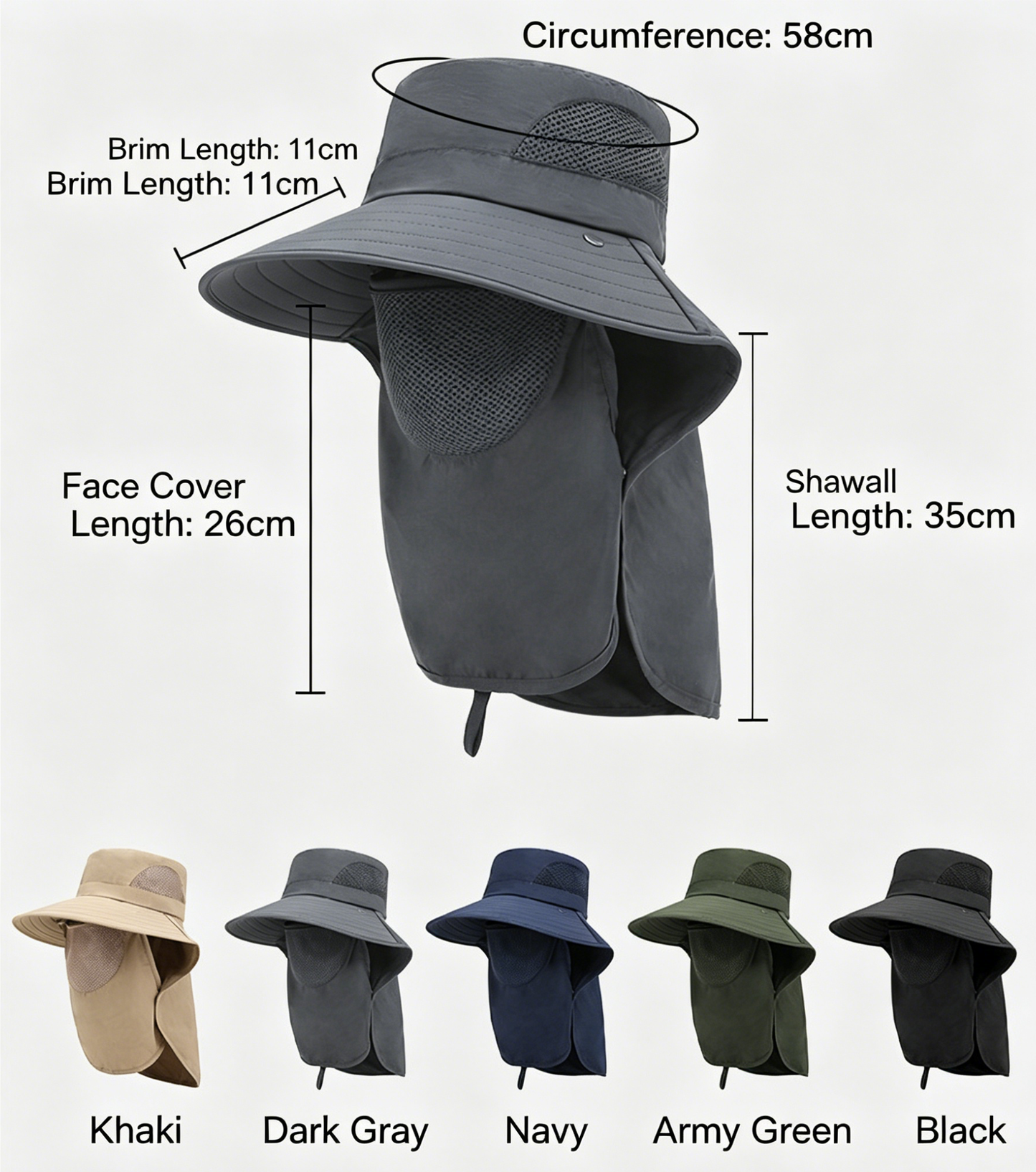 Outdoor sun hat with face cover and side flap, shown on model with size diagram