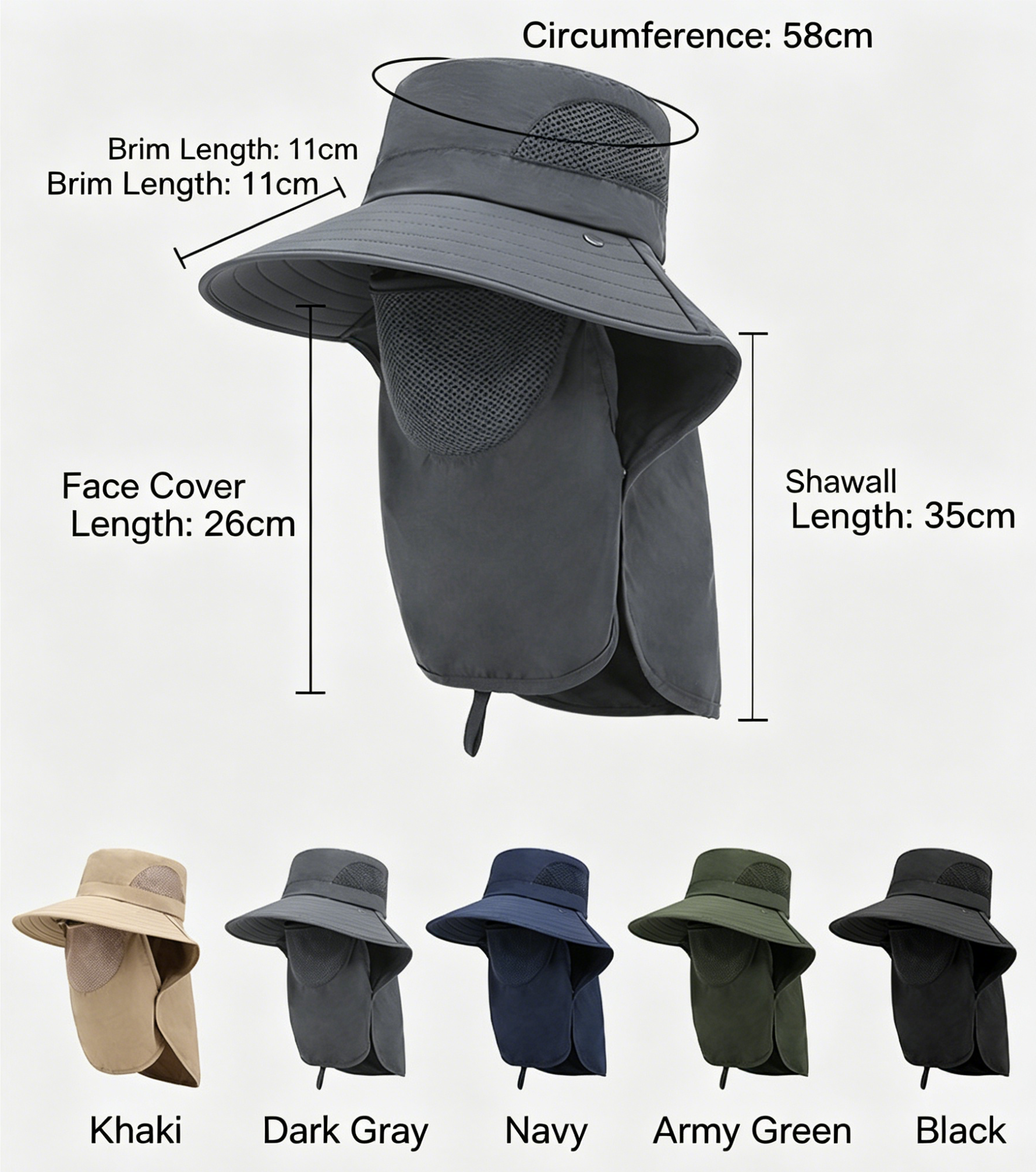 Outdoor sun hat with face cover and side flap, shown on model with size diagram
