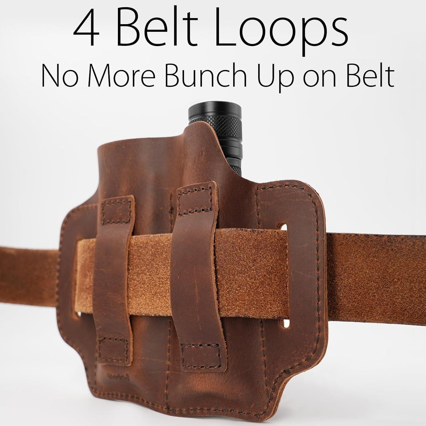 Brown genuine leather tool waist pouch with four belt loops and stitched pockets