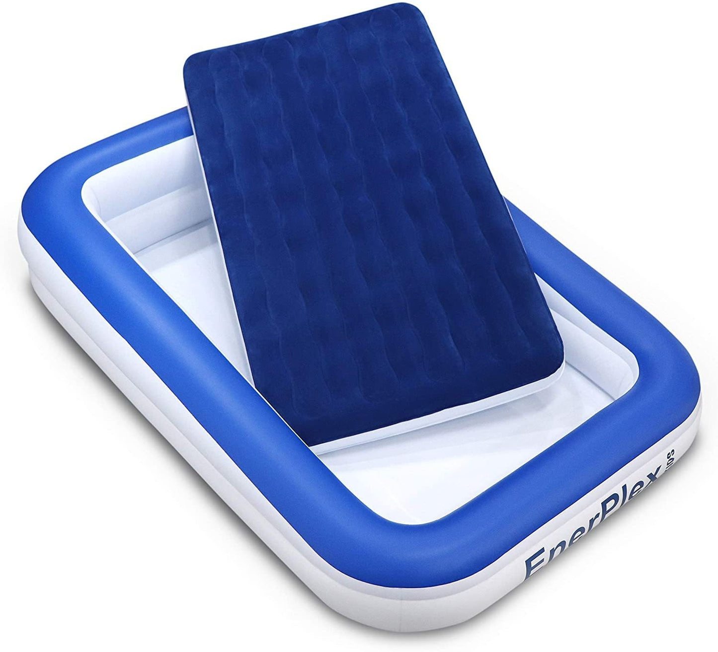 Blue kids inflatable mattress with raised edge design and smooth white inner base