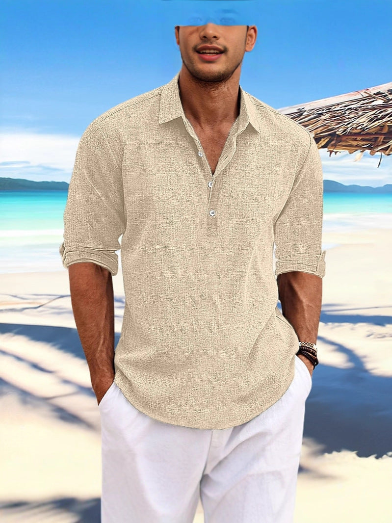 Men's linen-blend henley shirt in khaki, V-neck collar, short cuffed sleeves