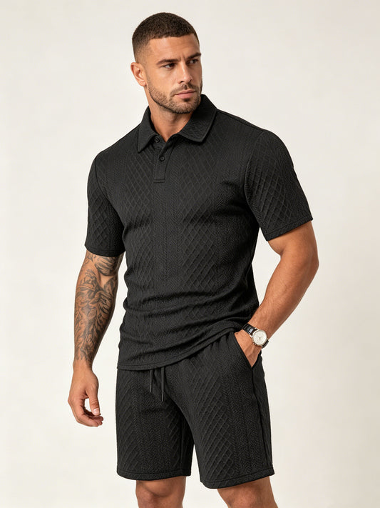 Lightweight textured polo and shorts set, black polo with matching drawstring shorts