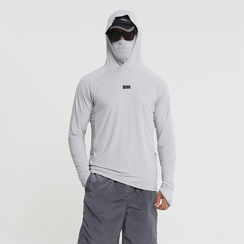 White quick-dry fishing sun hoodie with hood, long sleeves, and front chest pocket