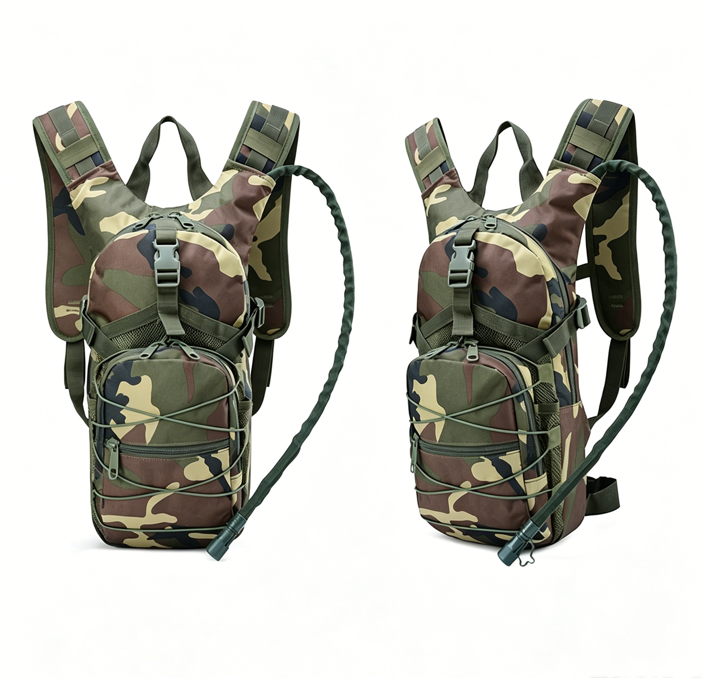 Jungle camo tactical hydration backpack with front zip pouches and carry straps