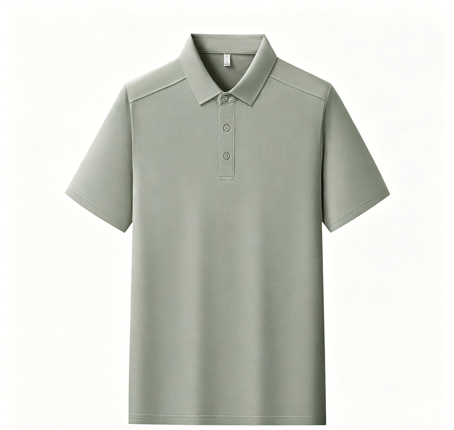 Men's polo shirt, short sleeves, sage green with button placket and folded collar.