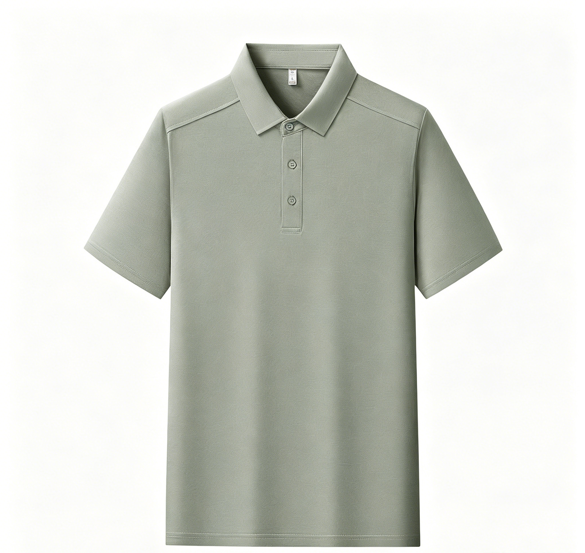 Men's polo shirt, short sleeves, sage green with button placket and folded collar.