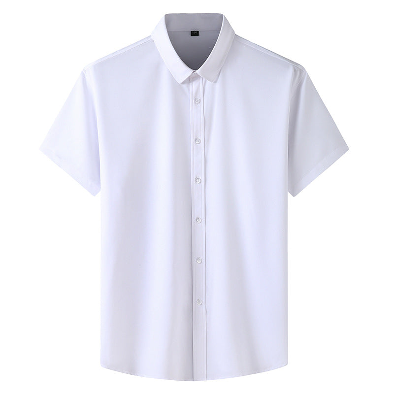 Men's short-sleeve button-up business shirt, white solid with collar