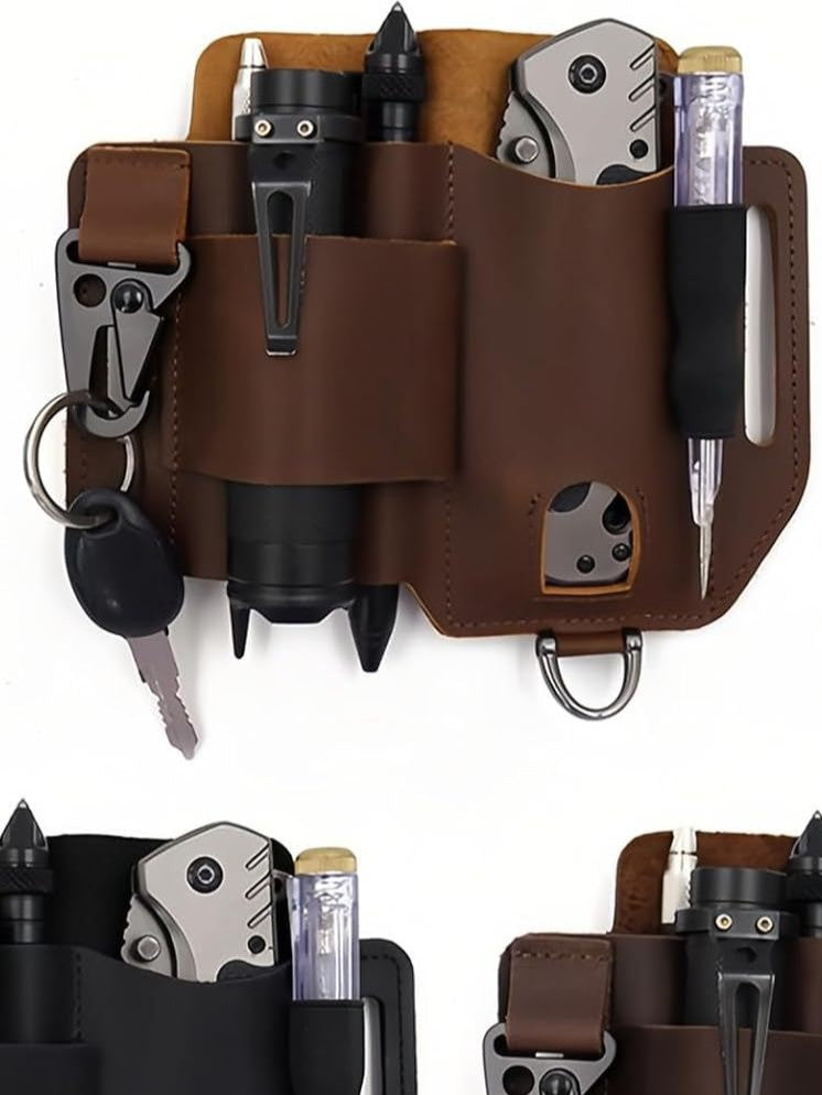 Brown genuine leather tactical tool waist pouch with tool slots and snap belt loops