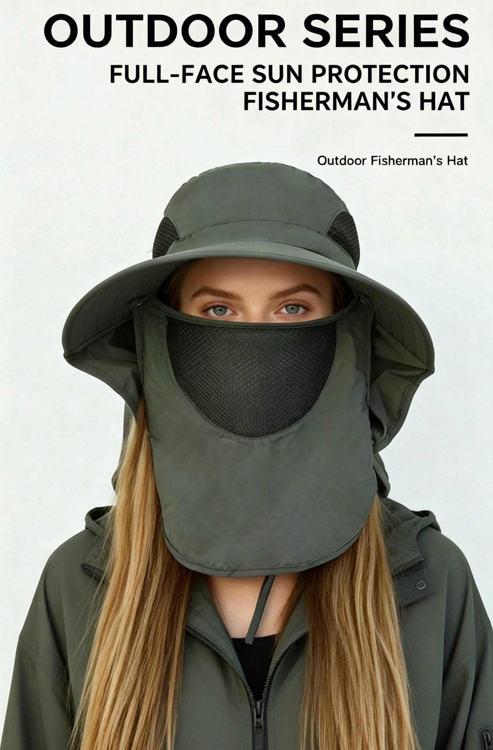 Green full-face sun hat with mesh face mask and neck shield