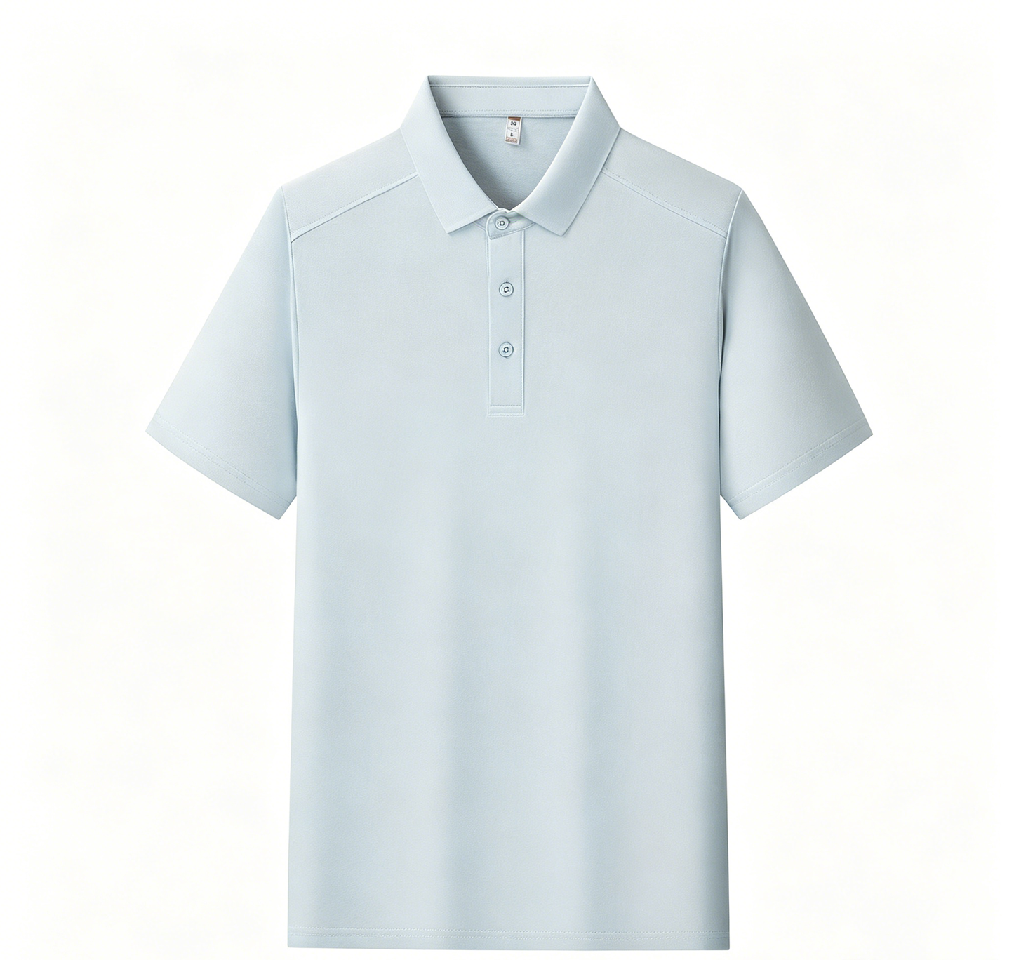 Men's polo shirt, light blue, short sleeves with button placket and collar.