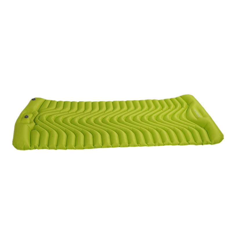 Emerald green inflatable camping sleeping pad with built-in pillow, laid flat