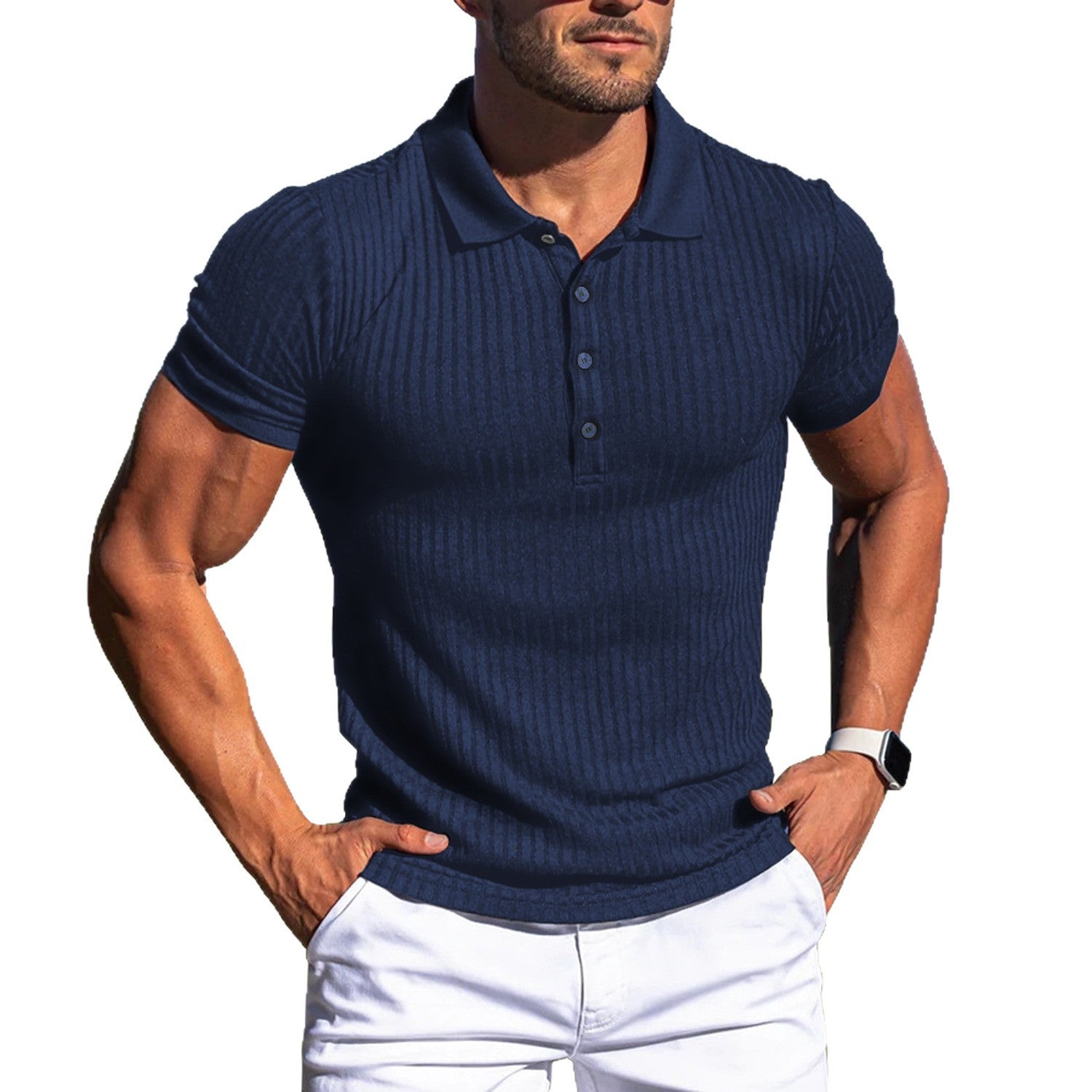 Men's ribbed stretch polo shirt, dark navy blue, button placket and short sleeves