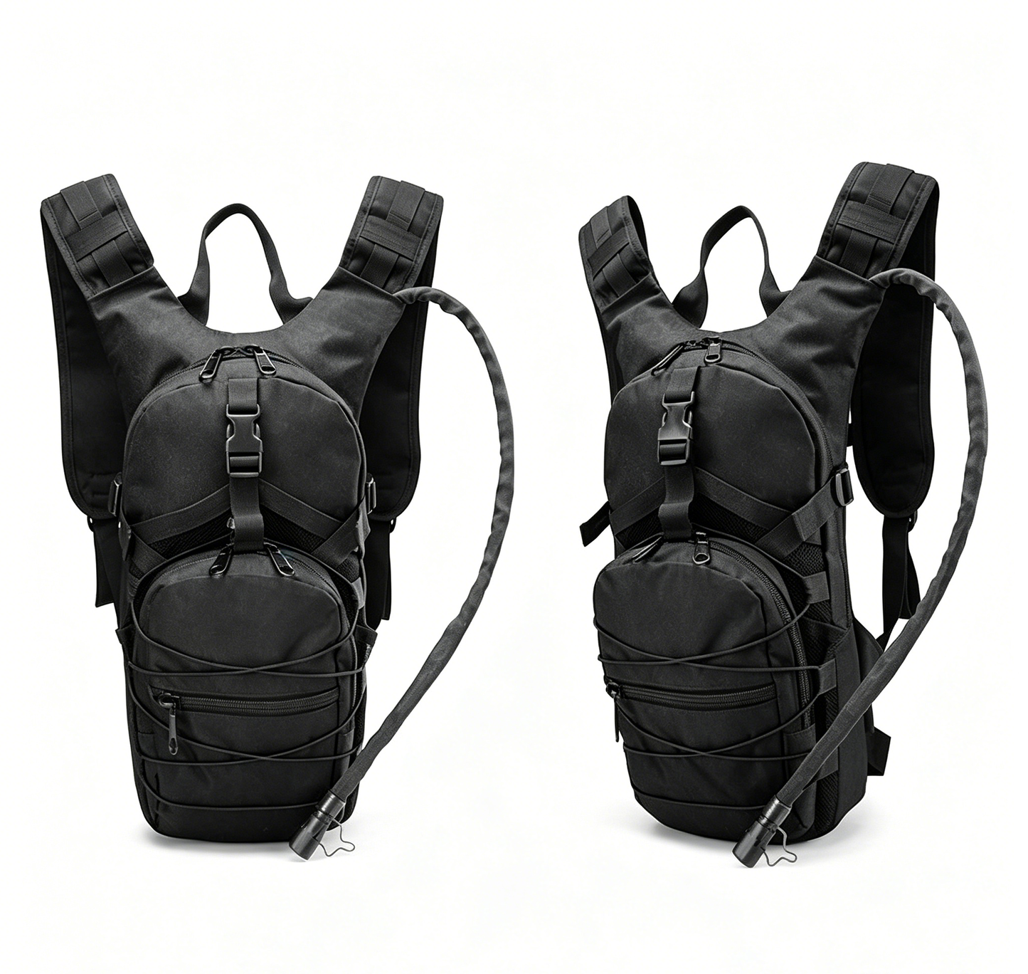 Black tactical hydration backpack with front zip pocket and adjustable shoulder straps