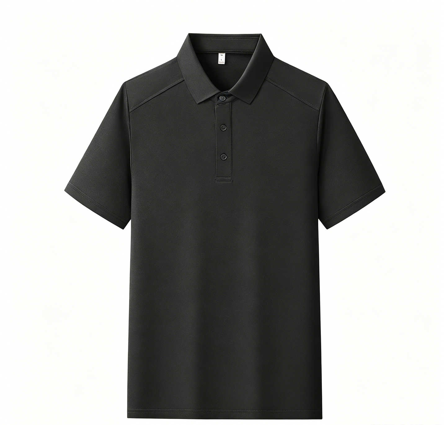 Men's polo shirt, dark black, short sleeves with button placket and collar.