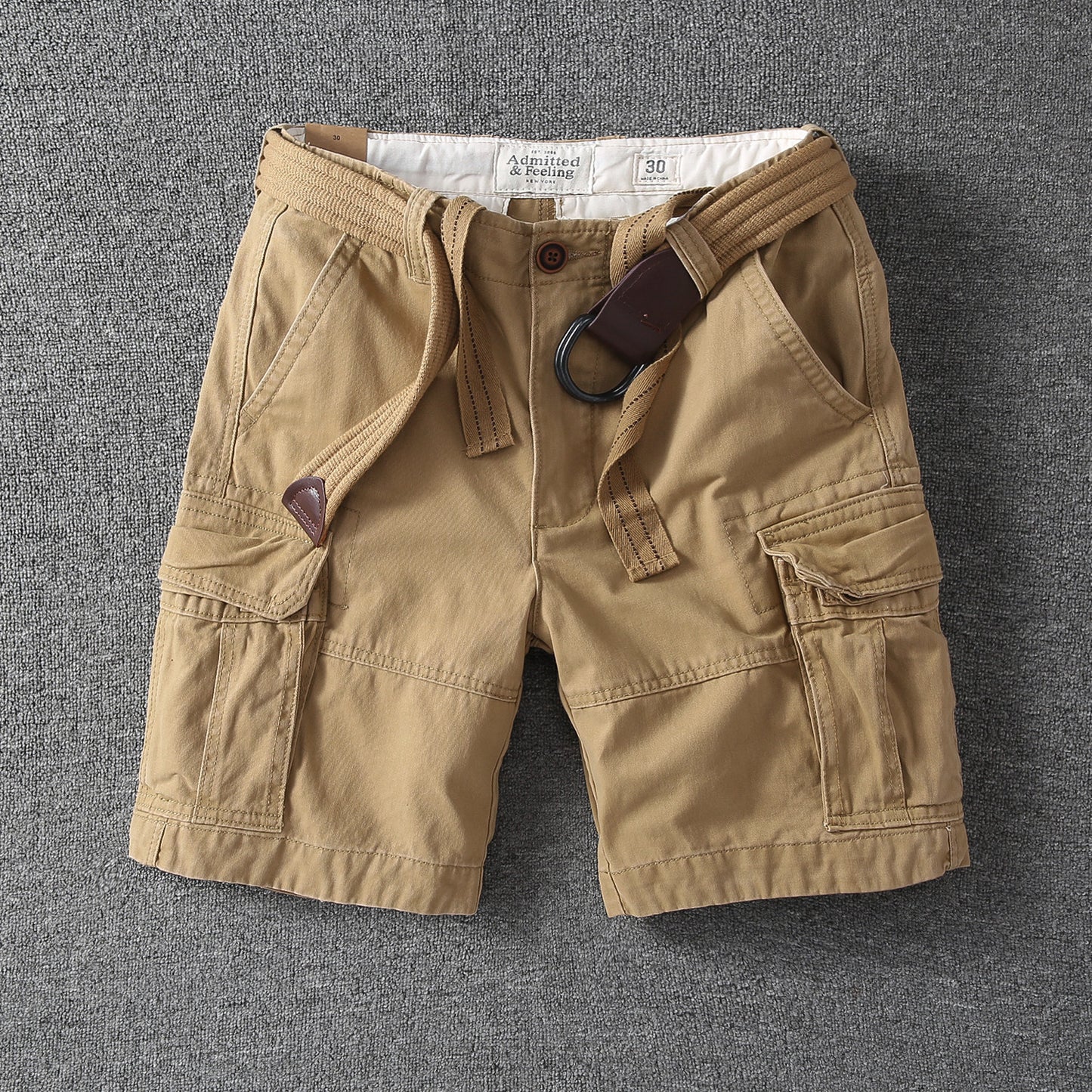 Men's relaxed-fit outdoor shorts in tan with drawstring waist and cargo pockets