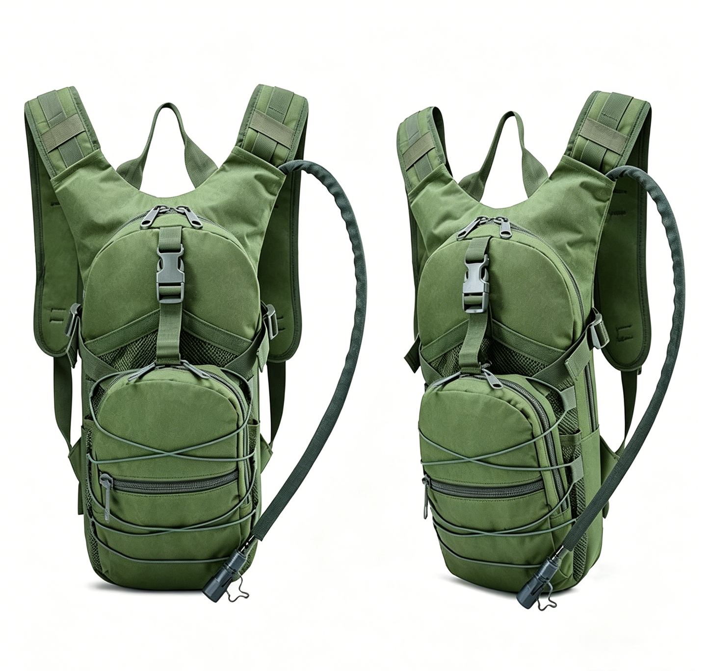 Green tactical hydration backpack with front zip pockets and adjustable shoulder straps