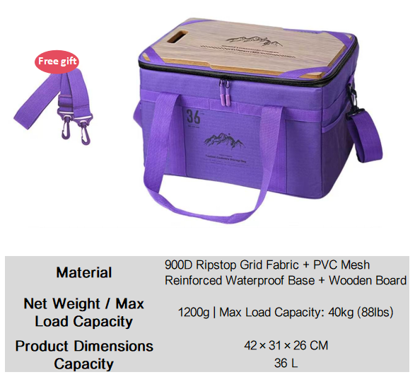 Purple tactical camping storage bag with tabletop lid, front pocket, and side carry handles.