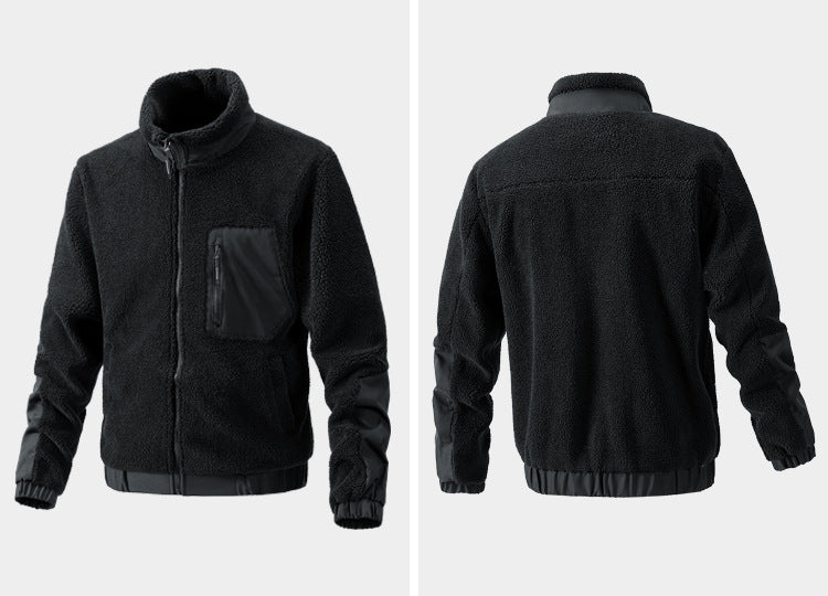 Black sherpa fleece zip jacket with contrast pocket and elastic cuffs