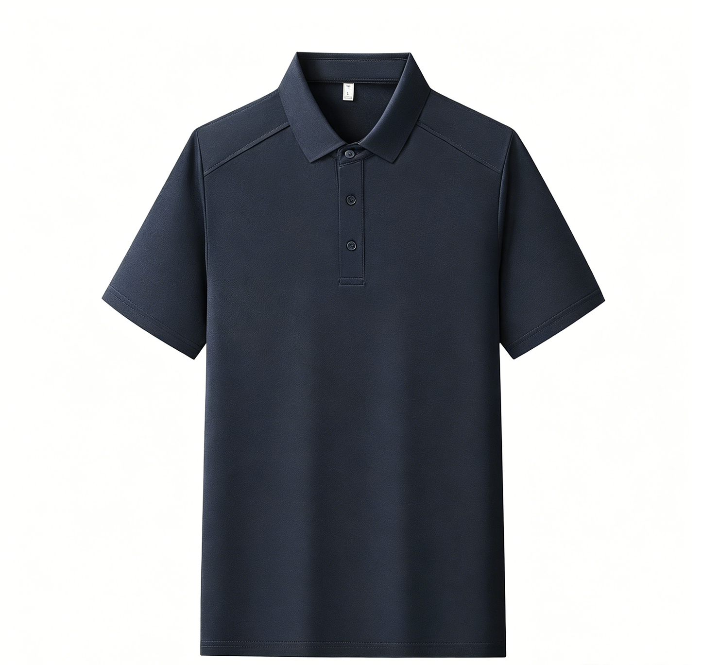 Men's polo shirt, navy blue, short sleeves with button placket and collar.
