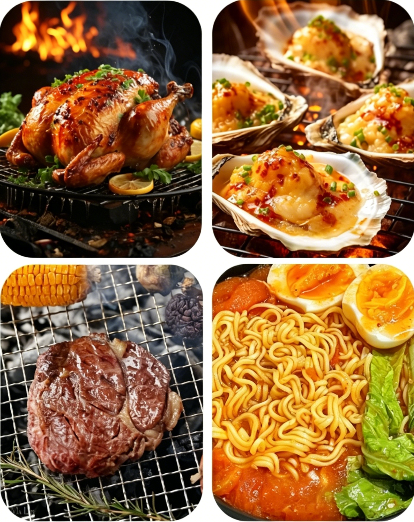 Charcoal grill food close-up: chicken, corn, steak and noodles on grates