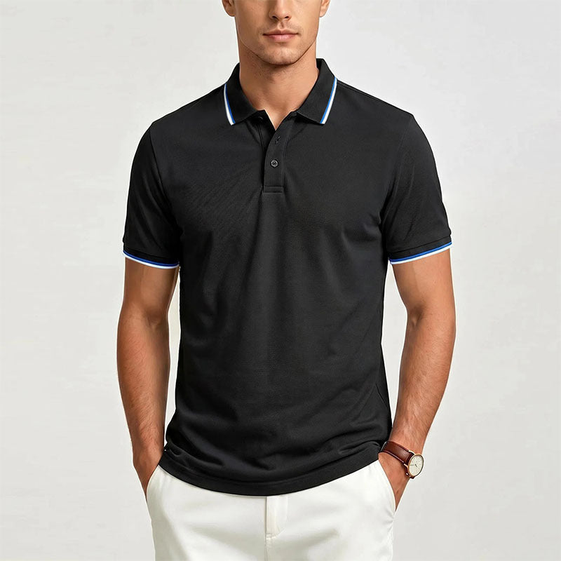 Black men’s short-sleeve polo shirt with button placket and contrasting blue collar trim.