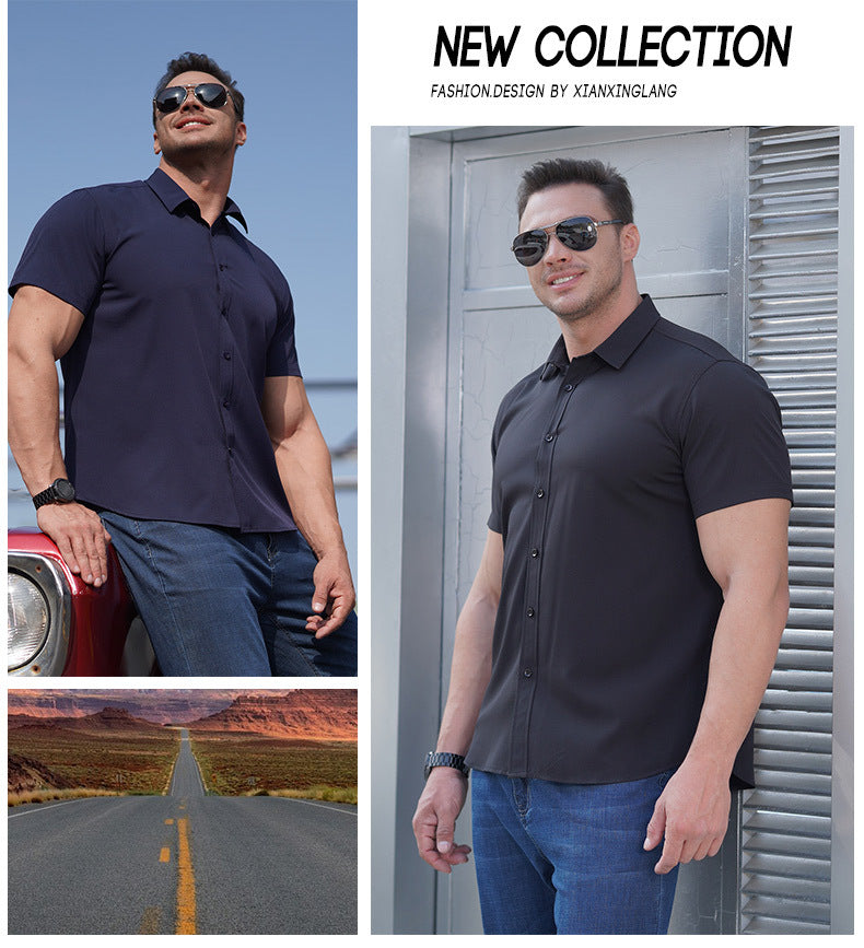 Navy men’s short-sleeve button-up business shirt with a pointed collar