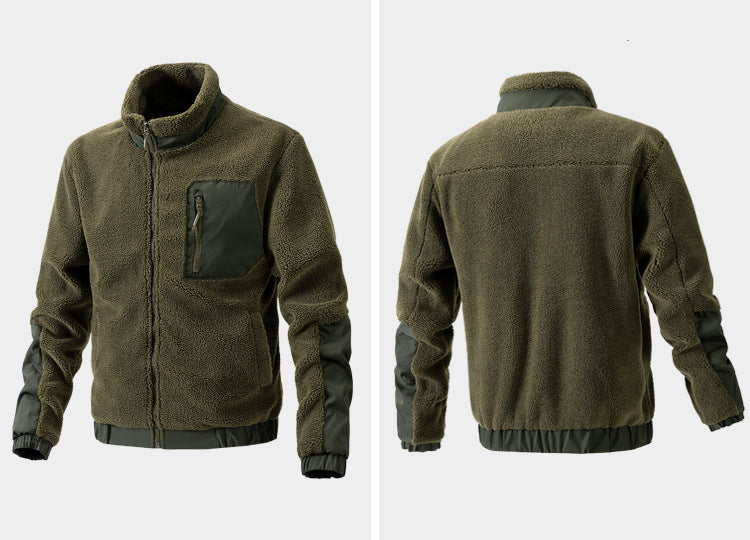 Olive green sherpa fleece zip jacket with contrast pocket and elastic cuffs