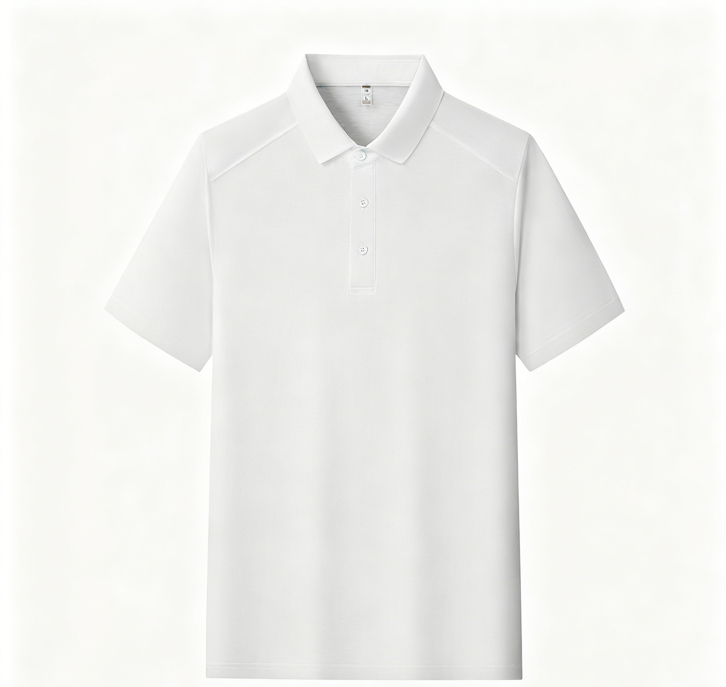 Men's polo shirt, white, short sleeves with button placket and folded collar.