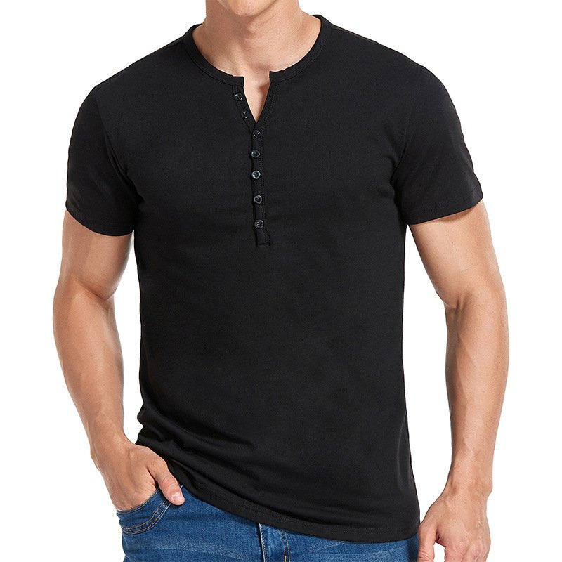 Black men's henley short-sleeve T-shirt with button placket and crew neck