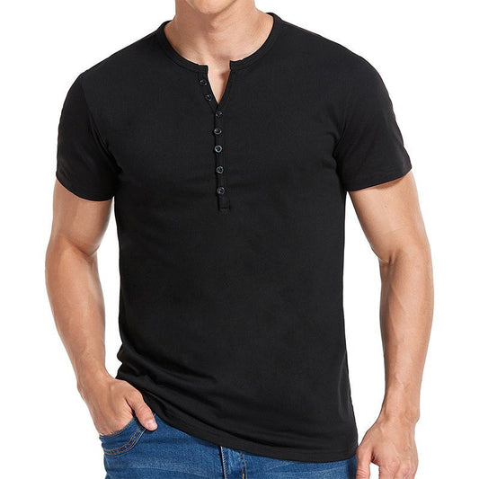 Black men's henley short-sleeve T-shirt with button placket and crew neck