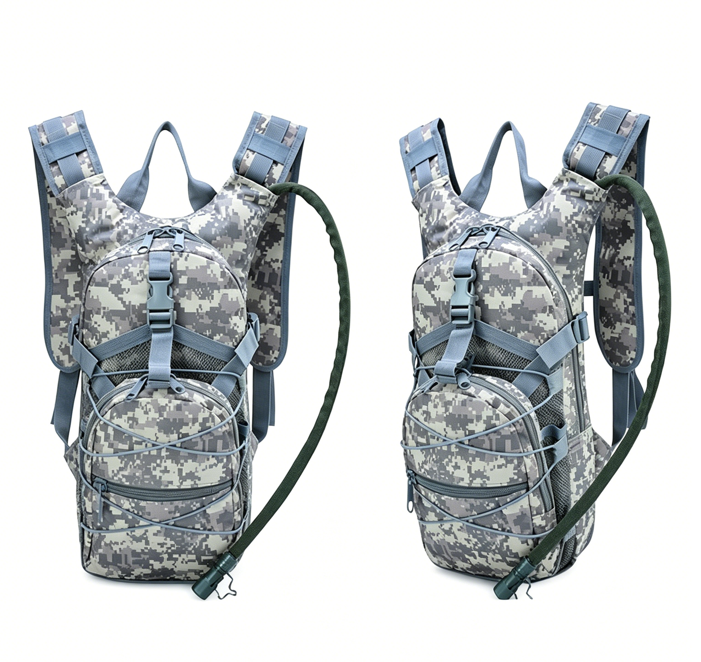 Blue digital camo hydration backpack with front zip pouch and padded shoulder straps