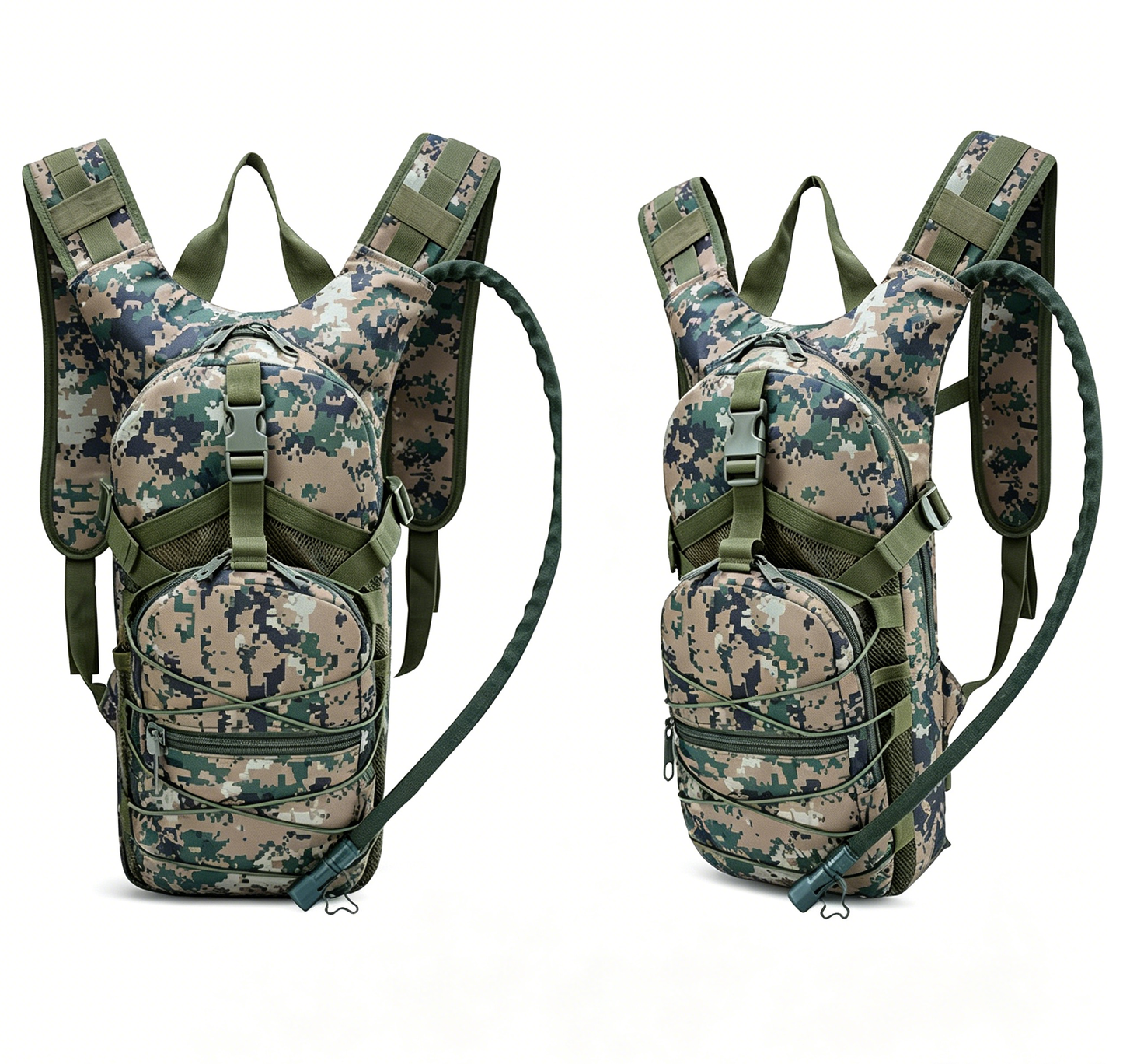 ACU camo hydration backpack with front organizer pockets and padded shoulder straps