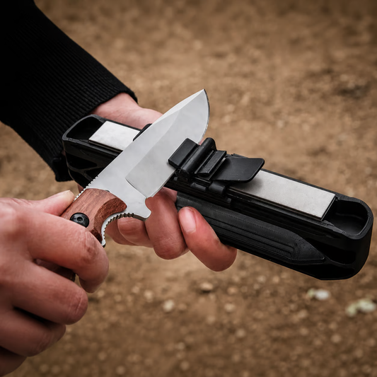Knife sharpening with portable angle-adjustable knife sharpener and blade edge visible