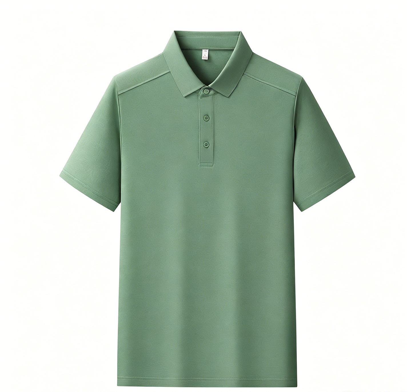 Men's polo shirt, sage green, short sleeves with button placket and collar.
