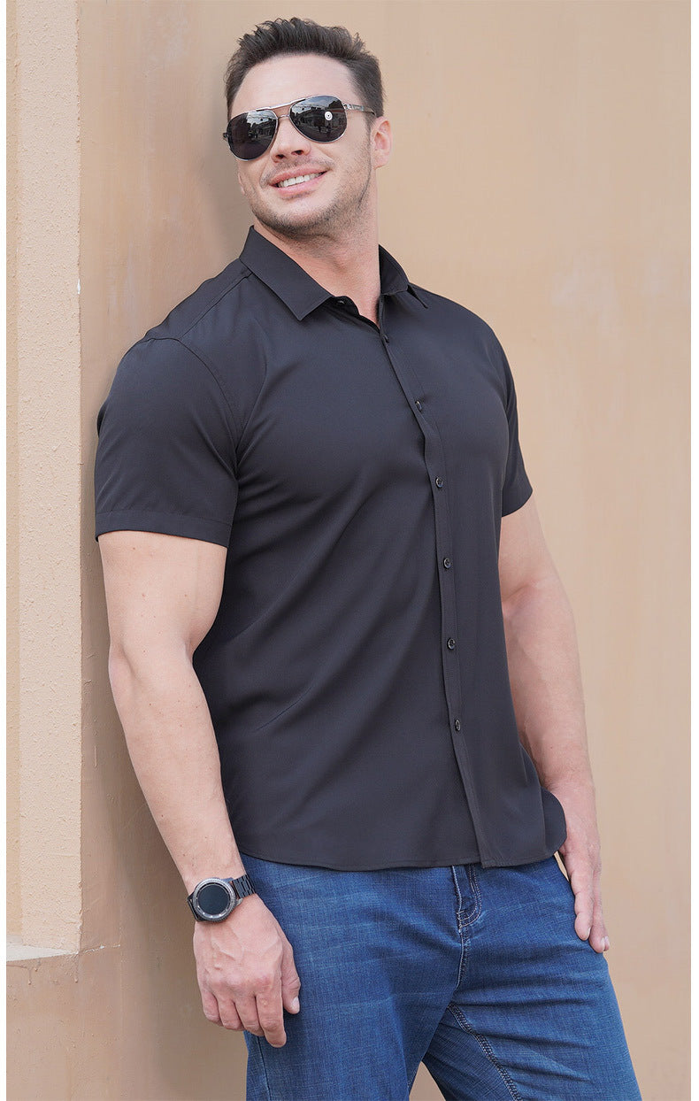 Charcoal men’s short-sleeve button-up business shirt with a pointed collar