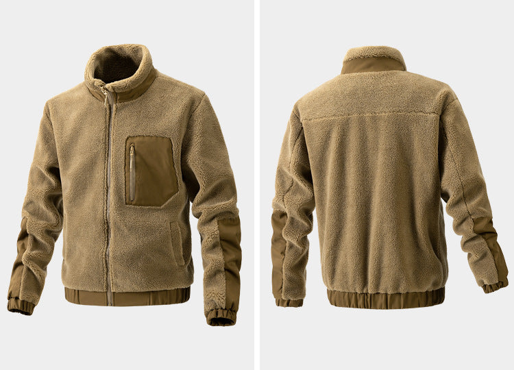 Tan sherpa fleece zip jacket with contrast pocket and elastic cuffs