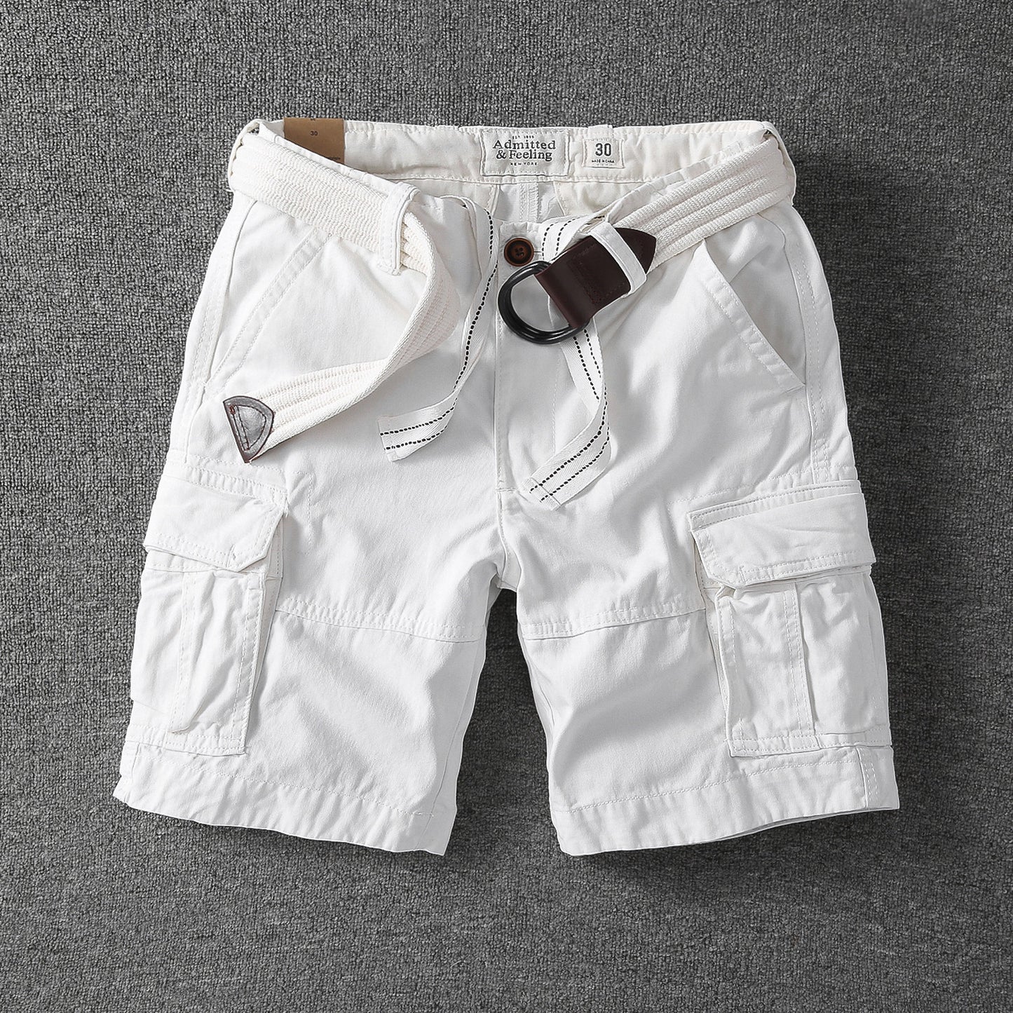 Men's relaxed-fit outdoor shorts in white with drawstring waist and cargo pockets