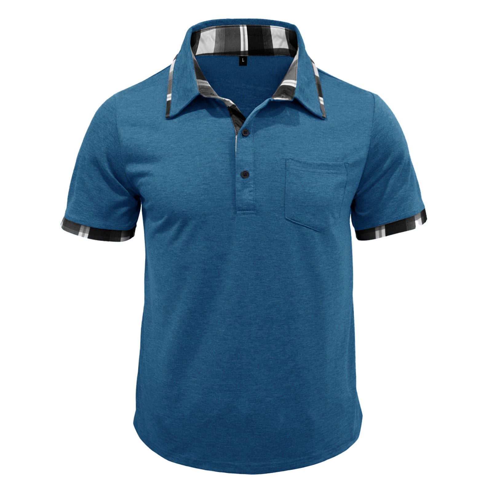 Blue short-sleeve polo with plaid collar trim and chest pocket, button placket