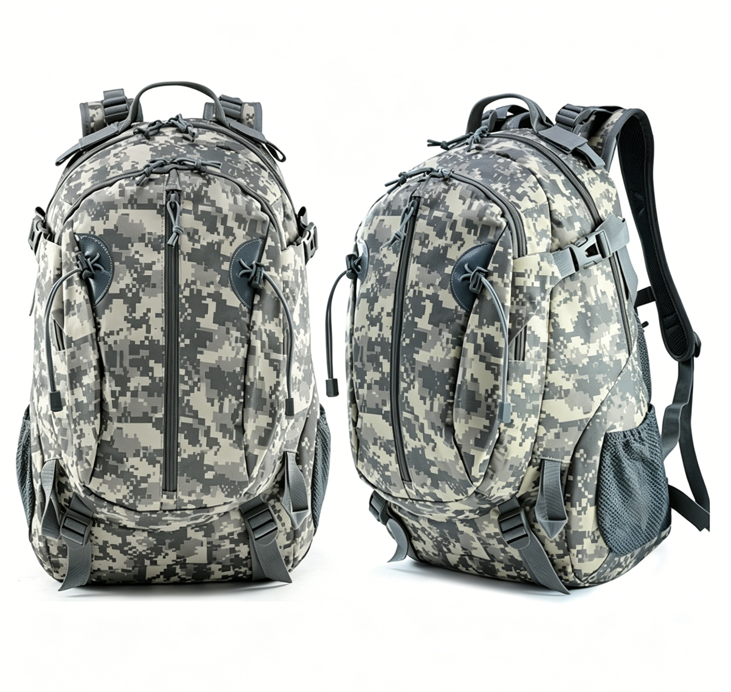 Gray digital camouflage tactical backpack with central zip, side pockets, padded shoulder harness