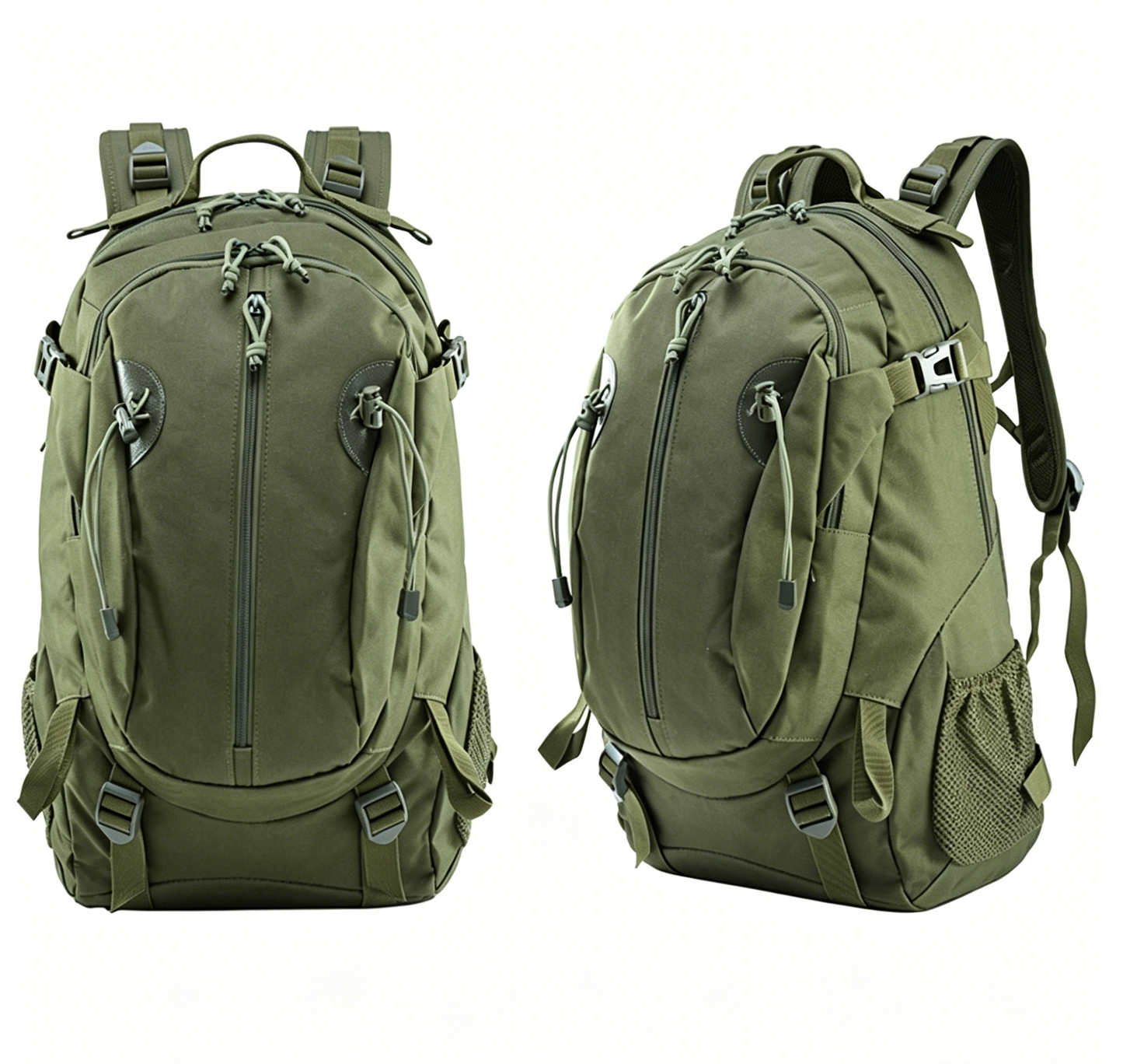 Olive green tactical backpack with zip front, side straps, padded shoulder harness